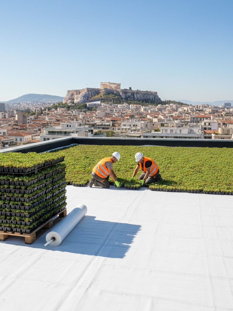 Green roof with green modules in Athens
